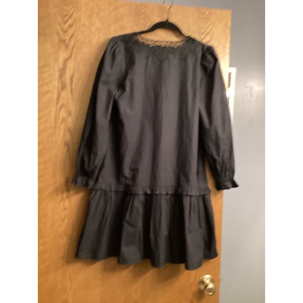 J Crew Sz XS Black Eyelet Trim Ruffle Hem Swing Long Sleeve Dress‎ - Picture 2 of 8